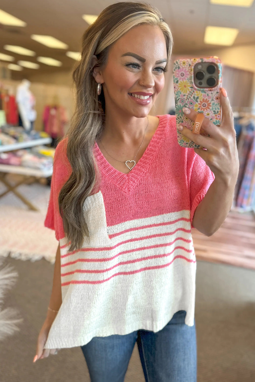 Strawberry Pink Contrast Stripes V Neck Knitted Short Sleeve Top eAura