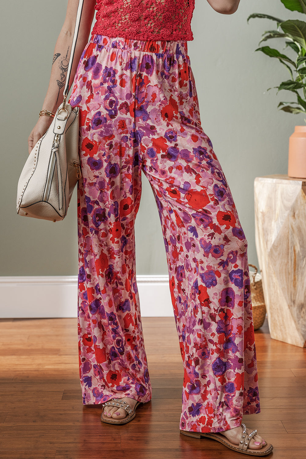 Purple Floral Wide Leg Elastic High Waist Trousers BB Fashion Outlet