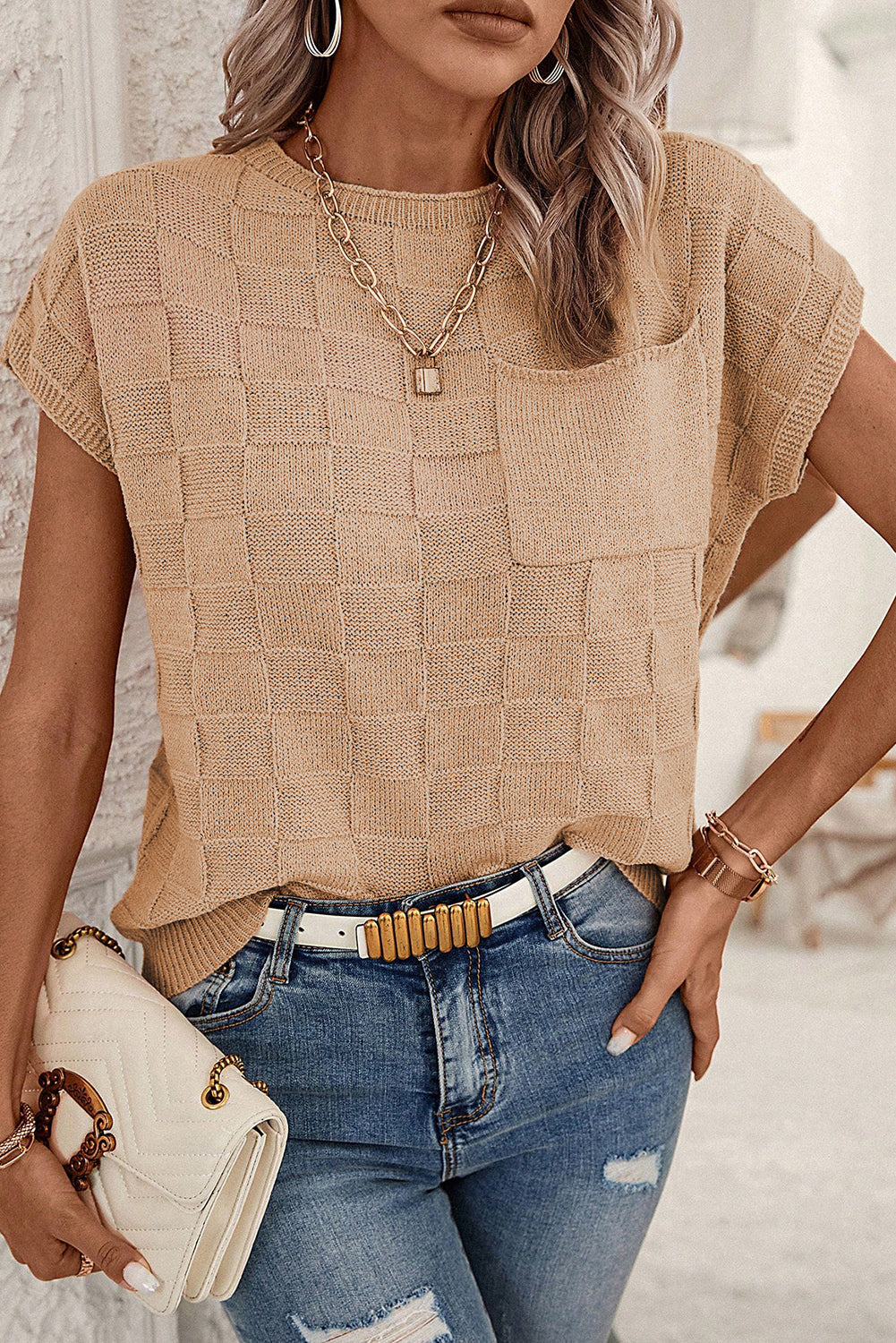 Smoke Grey Lattice Textured Knit Short Sleeve Sweater eAura