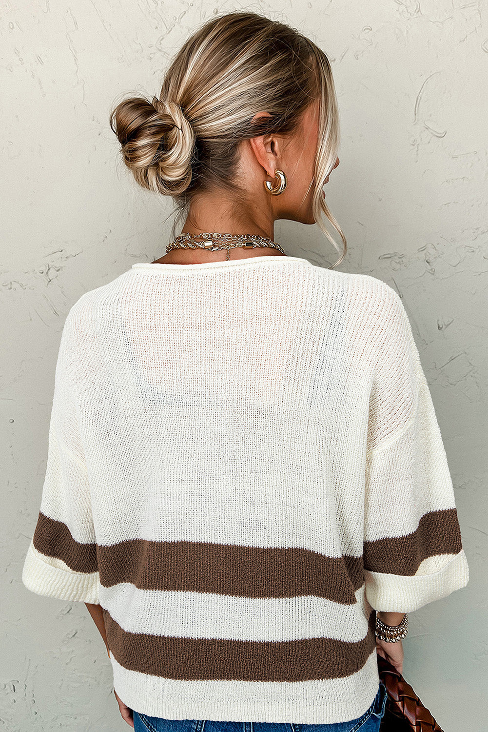 Brown Striped Accent Notched V Neck Cropped Sweater BB Fashion Outlet