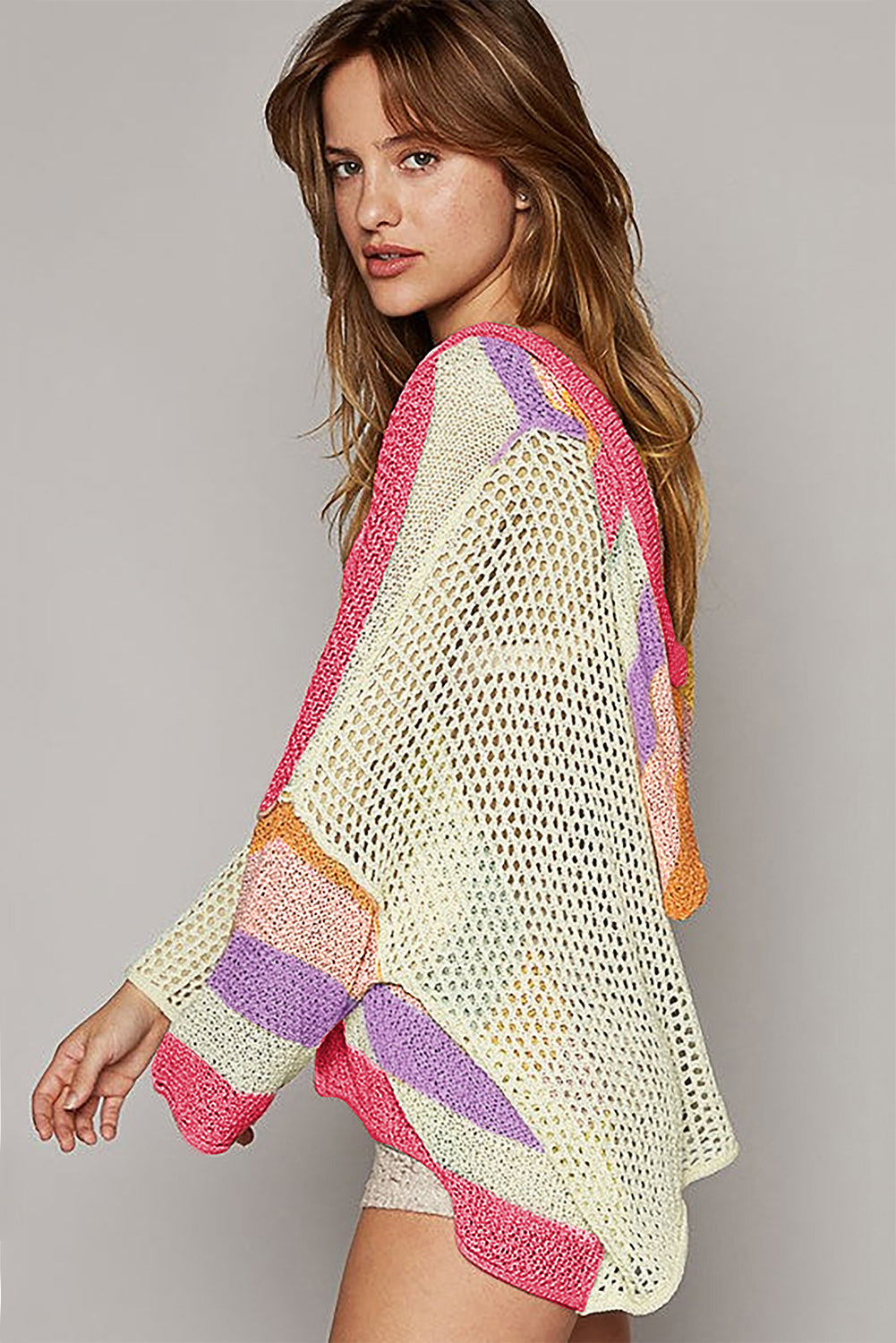 Beige Oversized Colourblock V Neck Hooded Sweater eAura