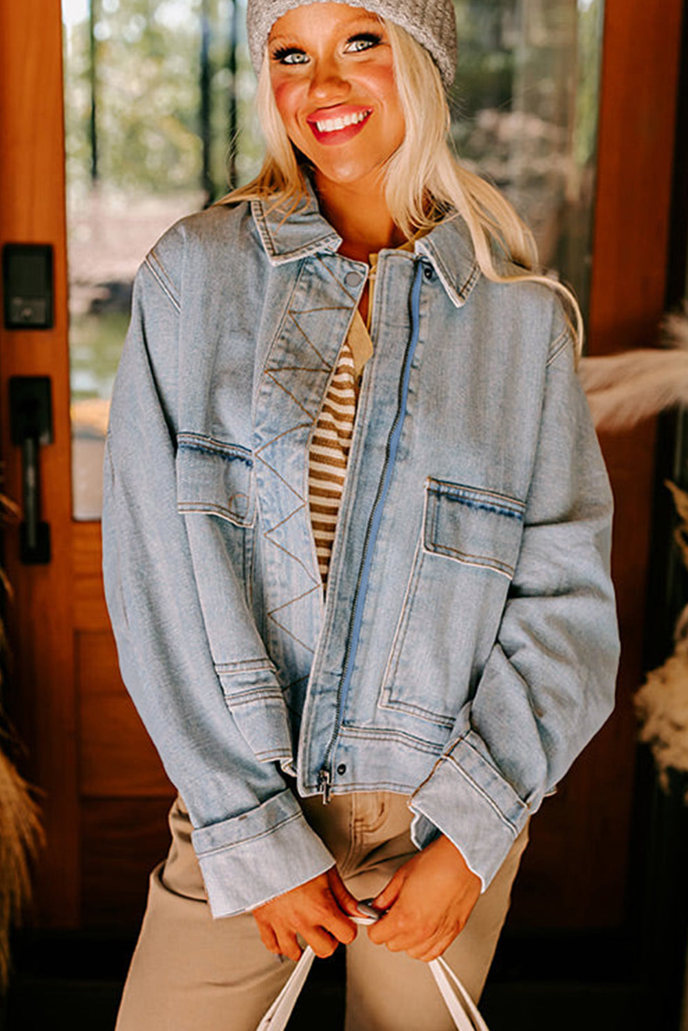 Blue Zip Up Washed Denim Jacket Dear-Lover Dropshipping