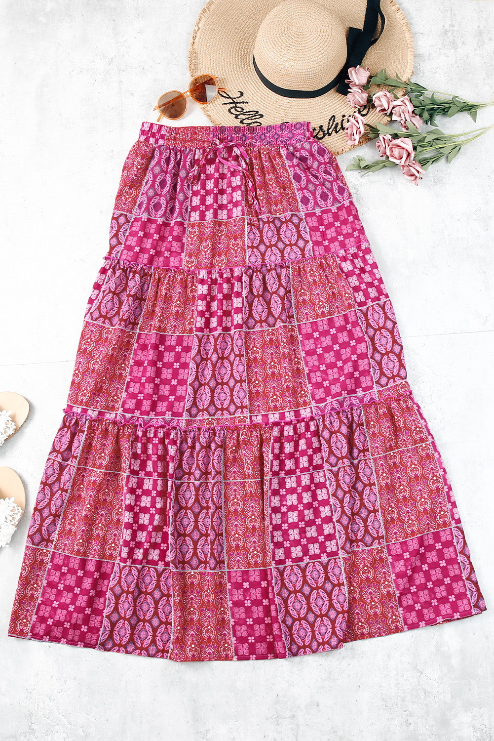 Tiered Paisley Print Pocketed Maxi Skirt