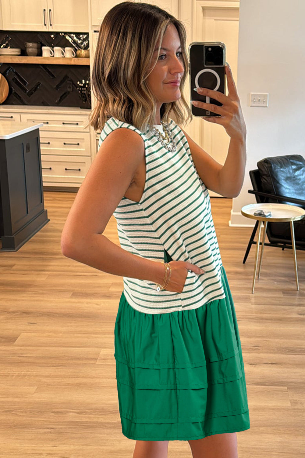 Green Stripe Woven Ruffled Sleeveless Mini Dress eAura