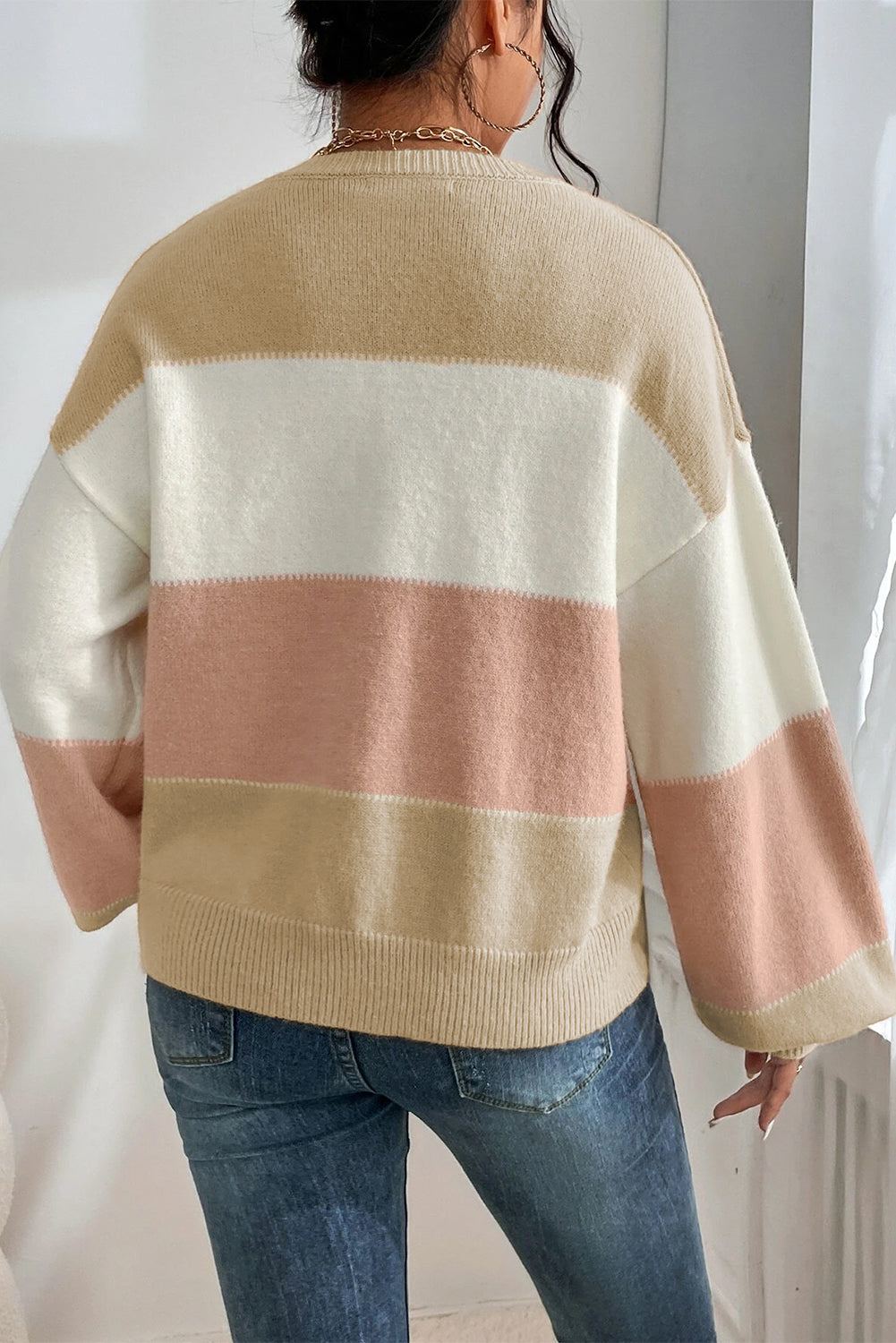 Dusty Pink Colour Block Lantern Sleeve Drop Shoulder Sweater eAura