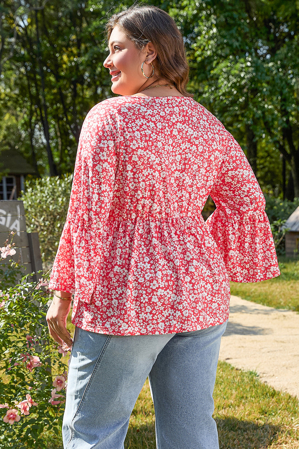 Red Plus Size Floral V Neck Flared Bracelet Sleeve Blouse BB Fashion Outlet