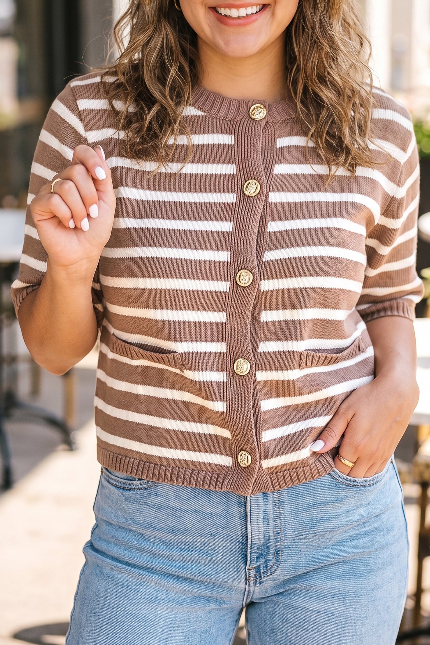 Button Down Short Sleeve Knit Plus Size Cardigan – Khaki Stripe