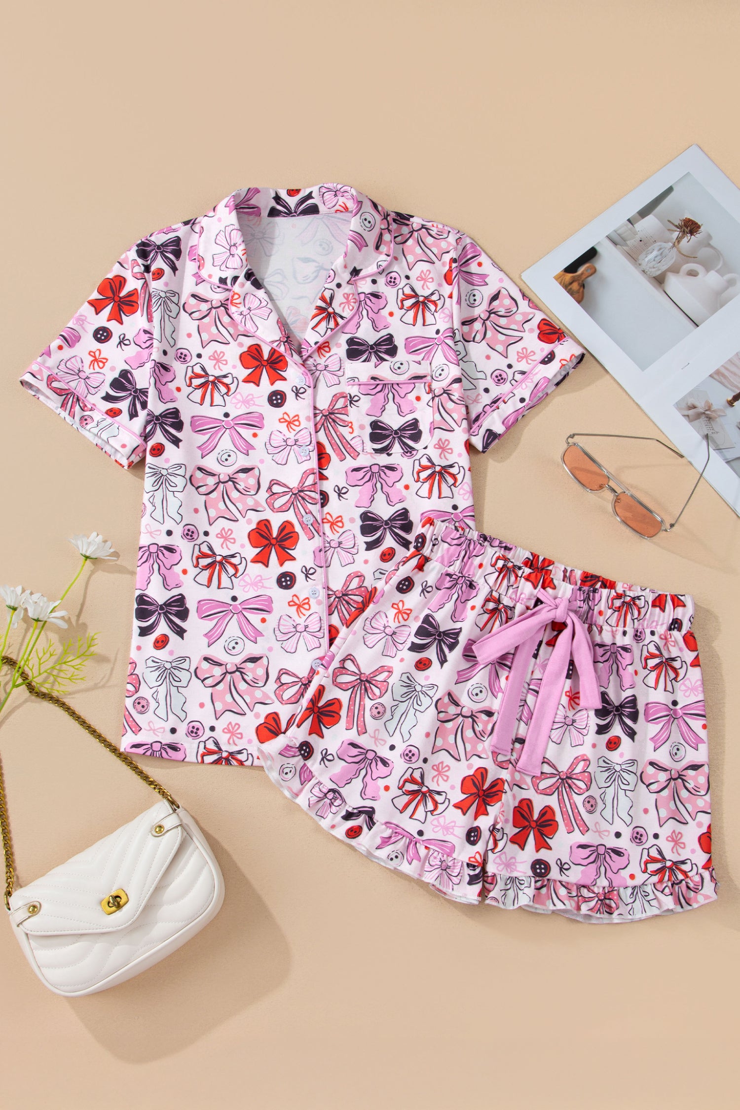 Cute Ribbon Bows Printed 2pcs Short Pajama Set – Pink