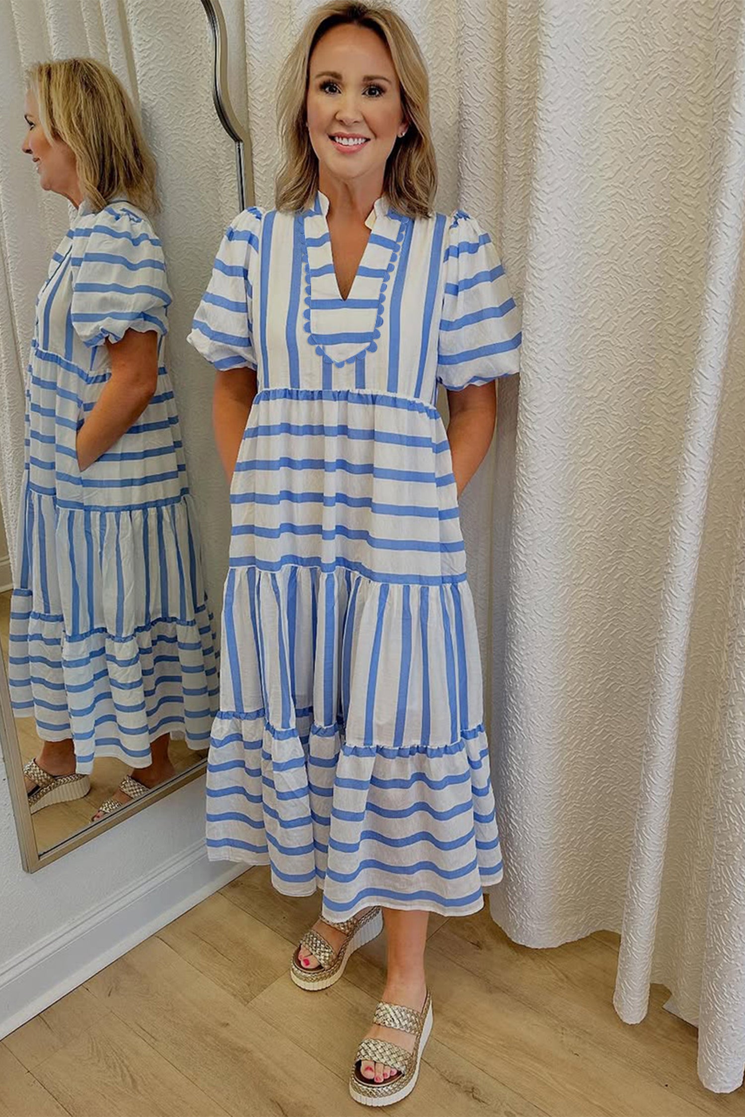 Stripe RicRac Trim Notched Neck Half Sleeve Long Dress