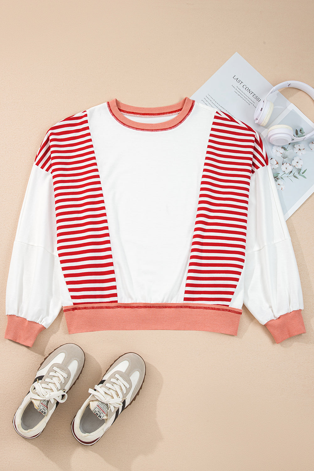 Striped Contrast Stitching Oversized Sweatshirt - eAura