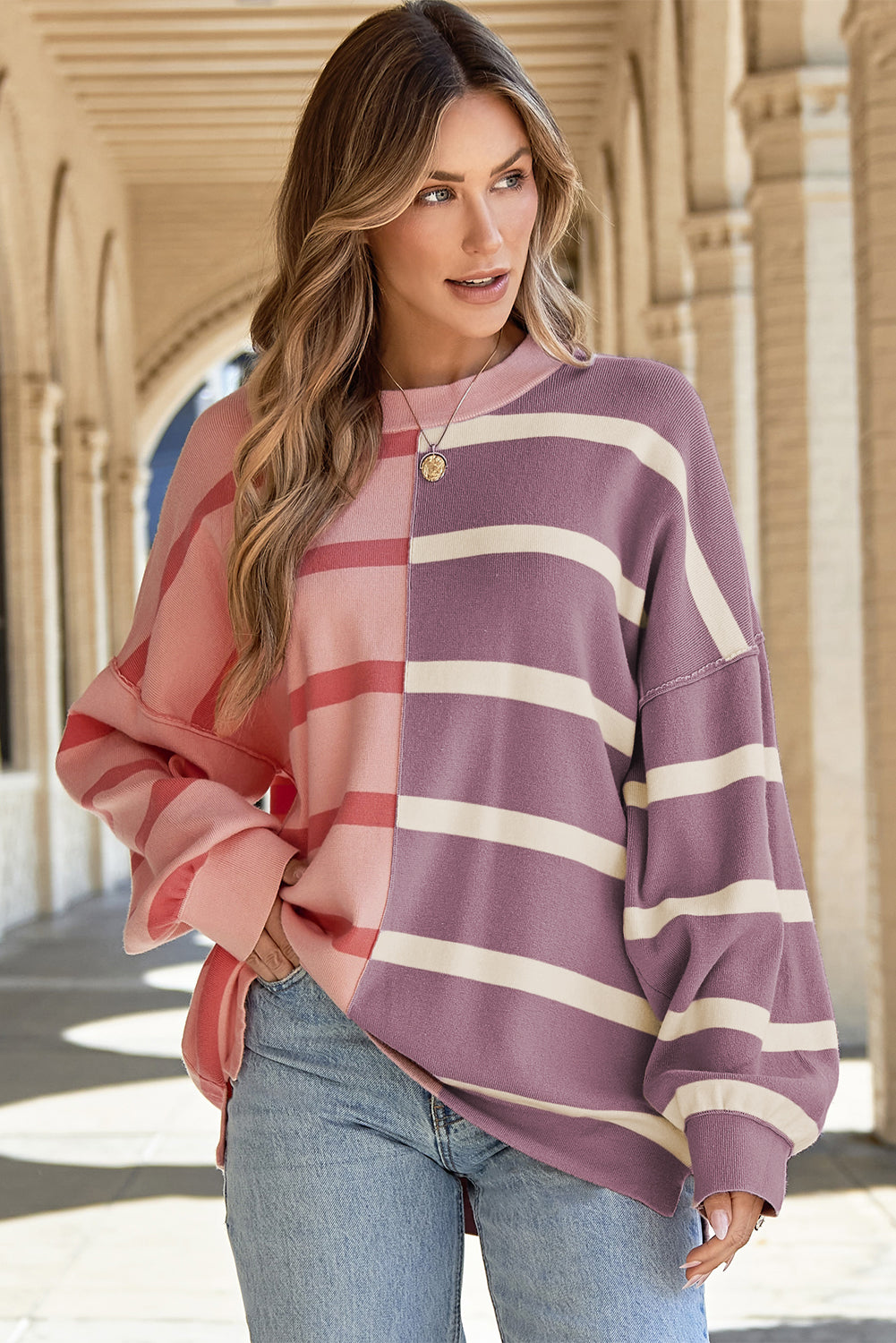 Pink Stripe Colourblock Oversized Sweater eAura