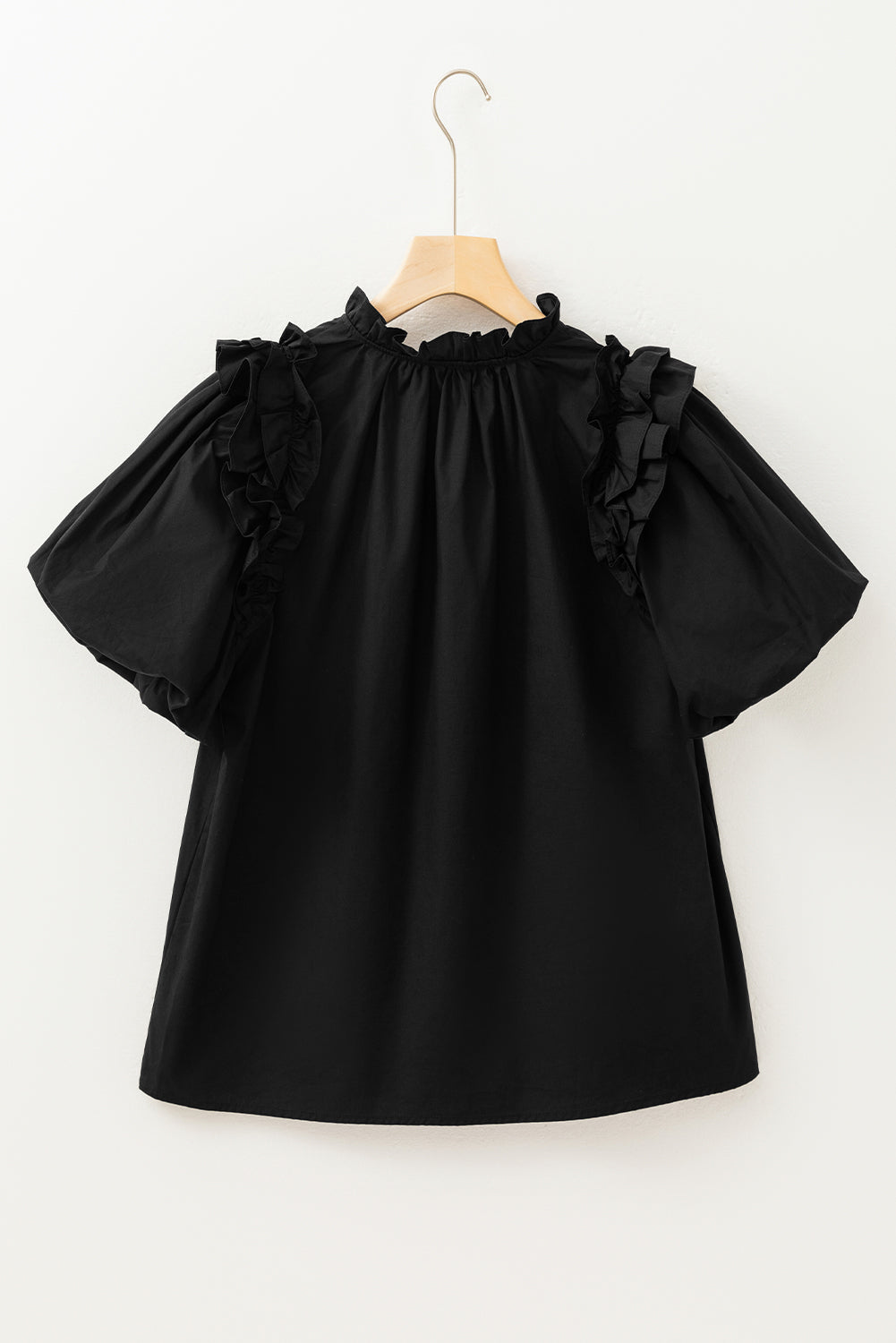 Black Ruffled Puff Short Sleeve Loose Blouse eAura