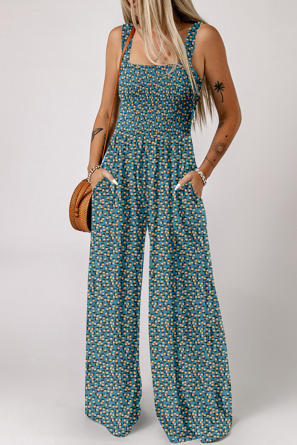 Green Floral Print Smocked High Waist Square Neck Jumpsuit BB Fashion Outlet