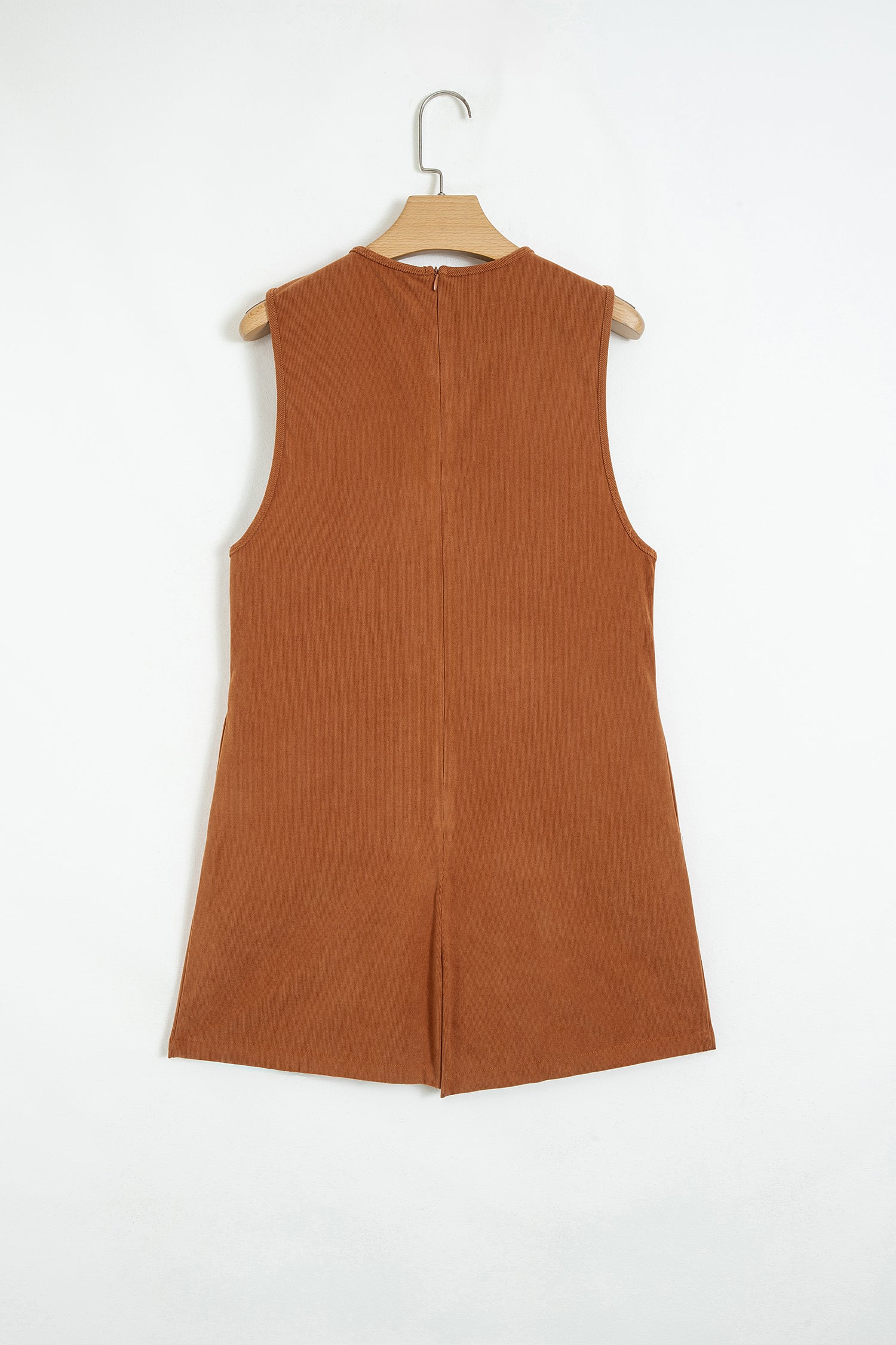 Solid Color Tie V Neck Sleeveless Corduroy Romper – Cinnamon