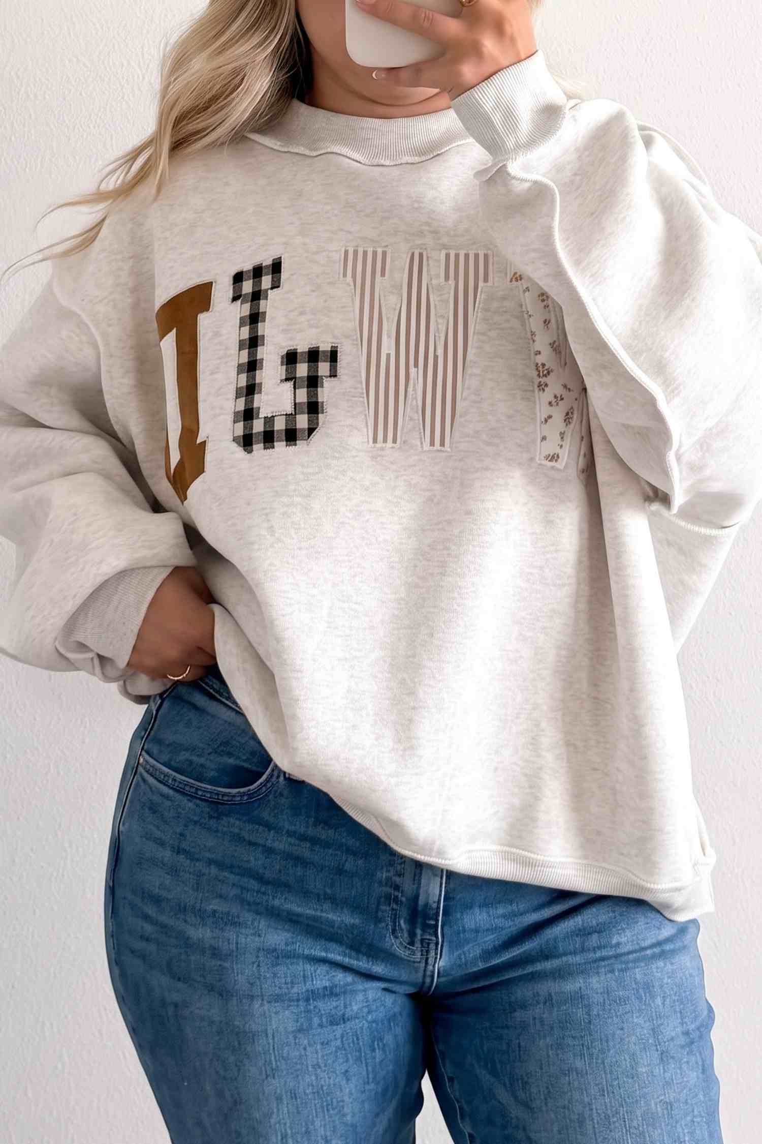 WWJD Mix Pattern Letter Graphic Exposed Seam Loose Plus Size Sweatshirt – Gray