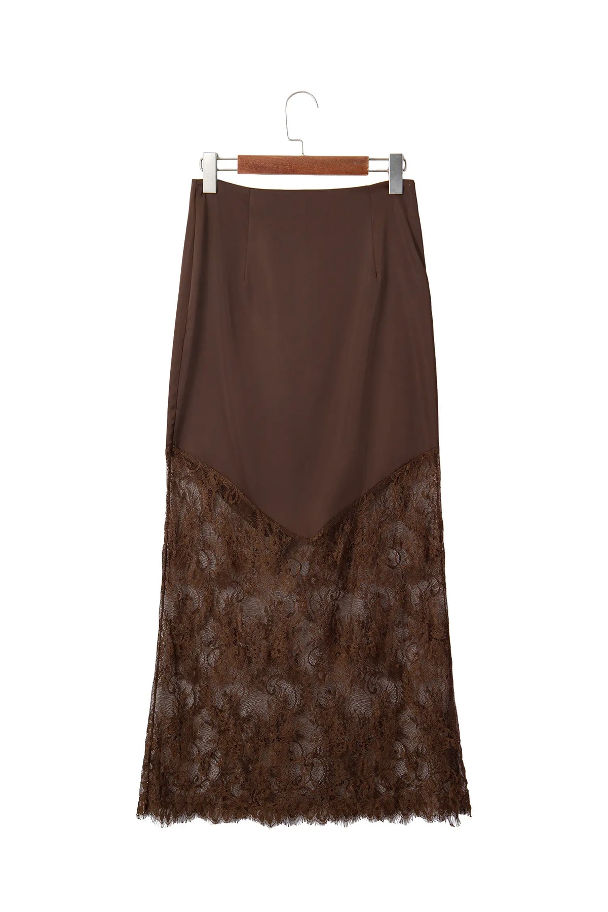 Lace Patchwork Hem Long Casual Shift Skirt – Dark Brown