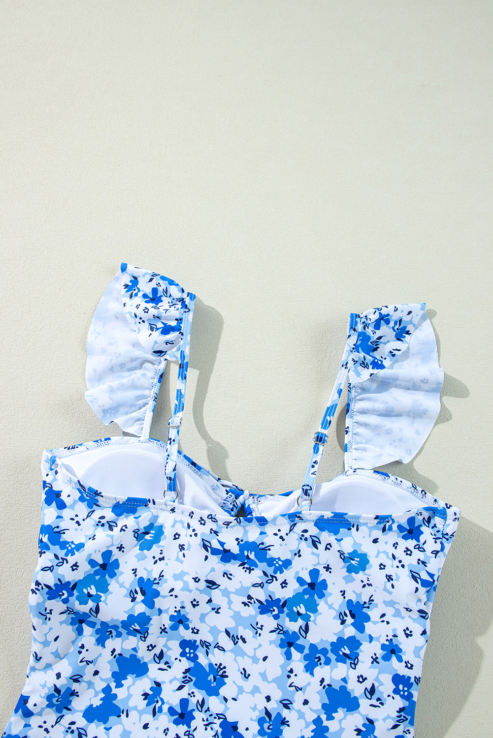 Blue Floral Ruffled Strap Lace-up Hollow Out One Piece Swimsuit eAura