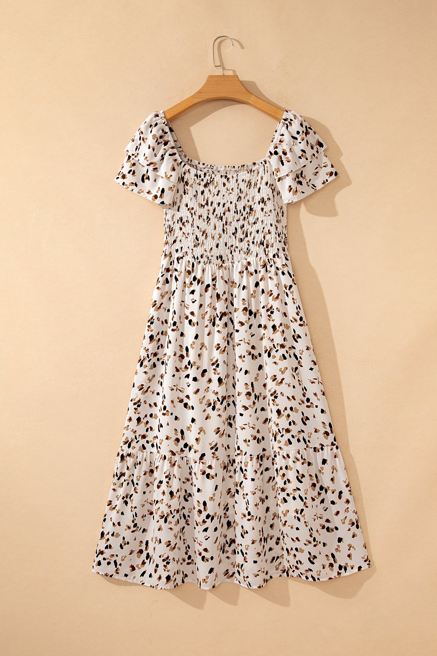 Ditsy Floral Smocked Square Neck Ruffle Sleeve Midi Dress