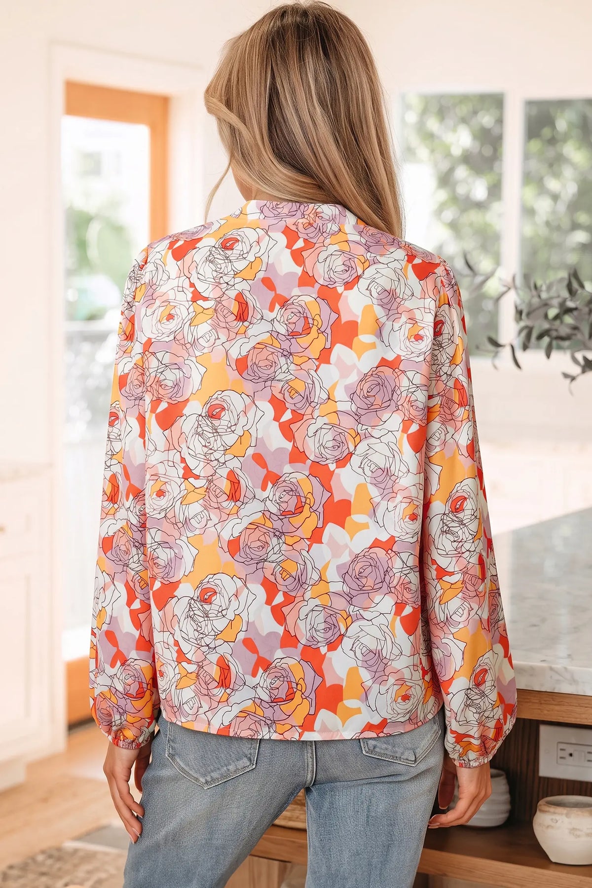 Floral Print V Neck Long Sleeve Shift Blouse – Pink