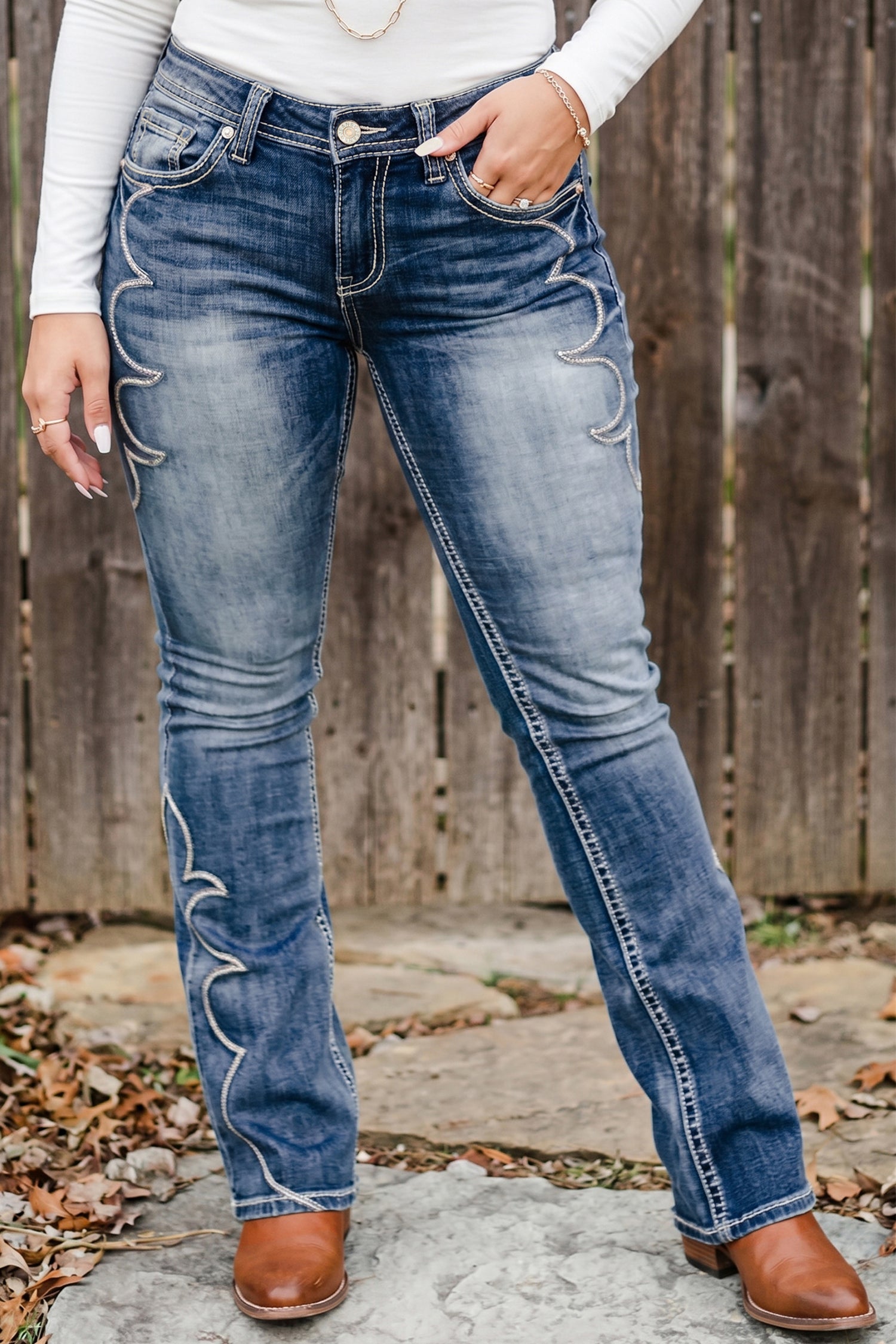 Western Embroidered Flare Full Length Jeans – Blue