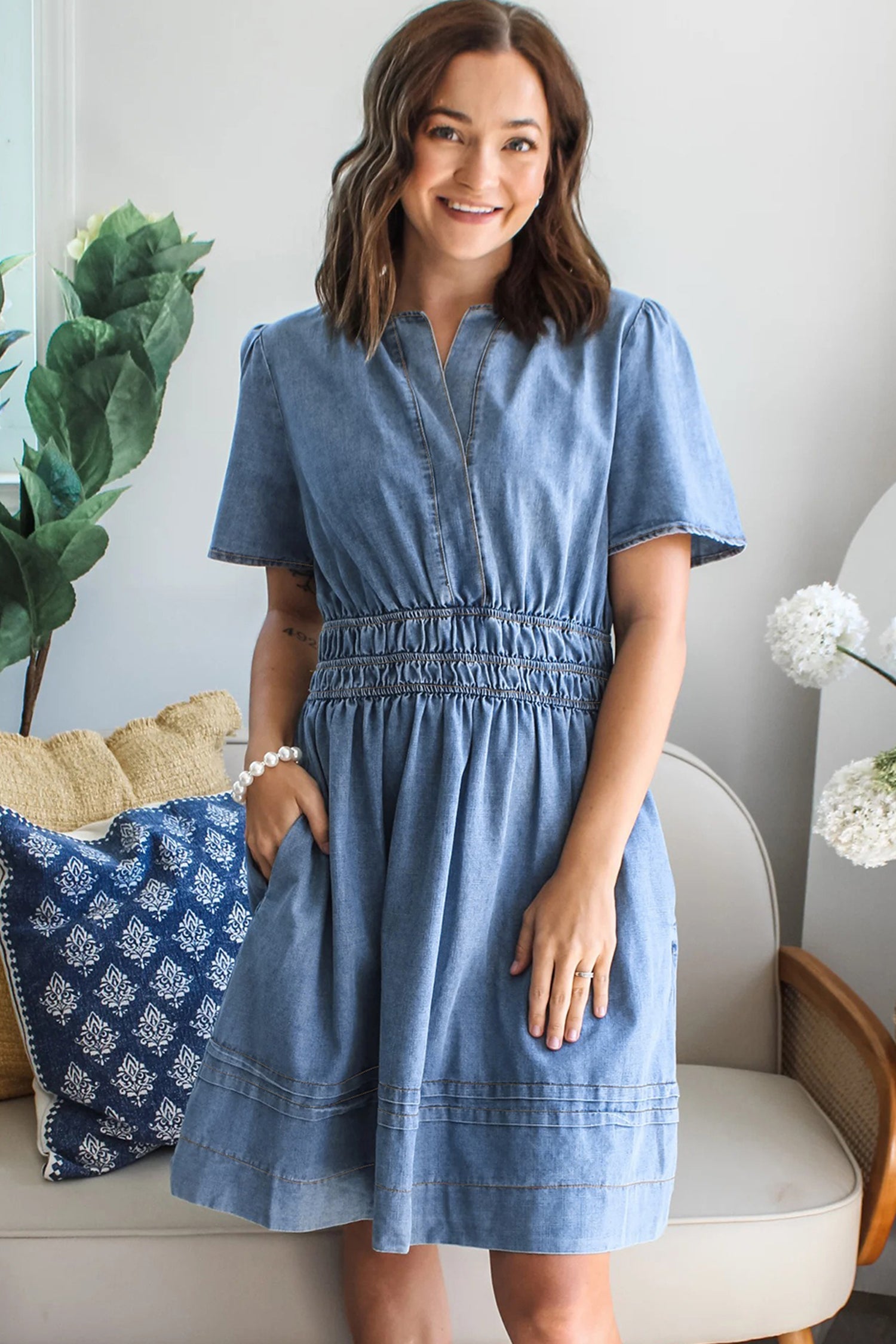 Elastic Waist Short Sleeve Denim Mini Dress