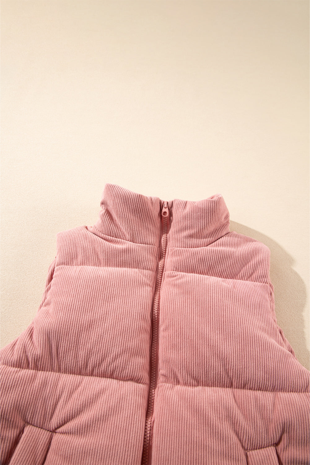 Pink Cord Stand Neck Zipped Puffer Gilet eAura