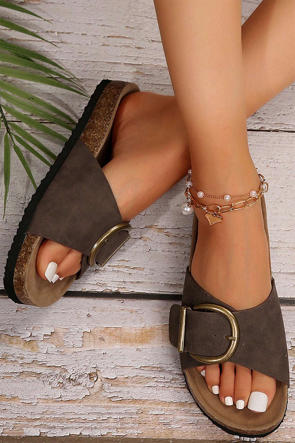 Brown Buckle Decor Faux Suede Thick Sole Sandals