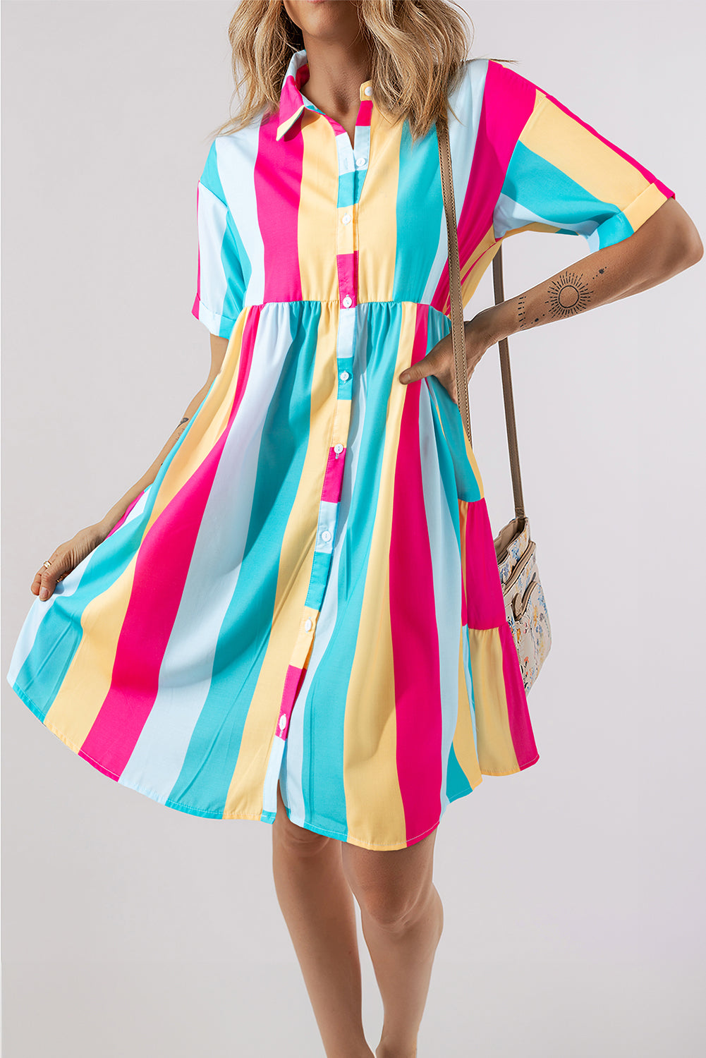 Rose Stripe Colourblock Short Sleeve Mini Shirt Dress eAura