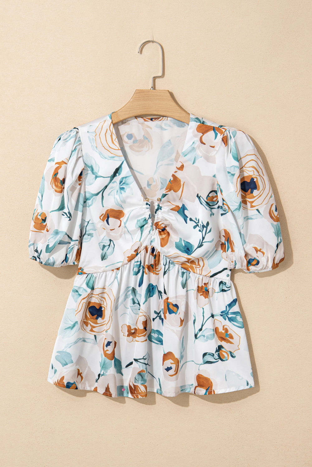 Green Floral Print Puff Sleeve V Neck Babydoll Blouse eAura