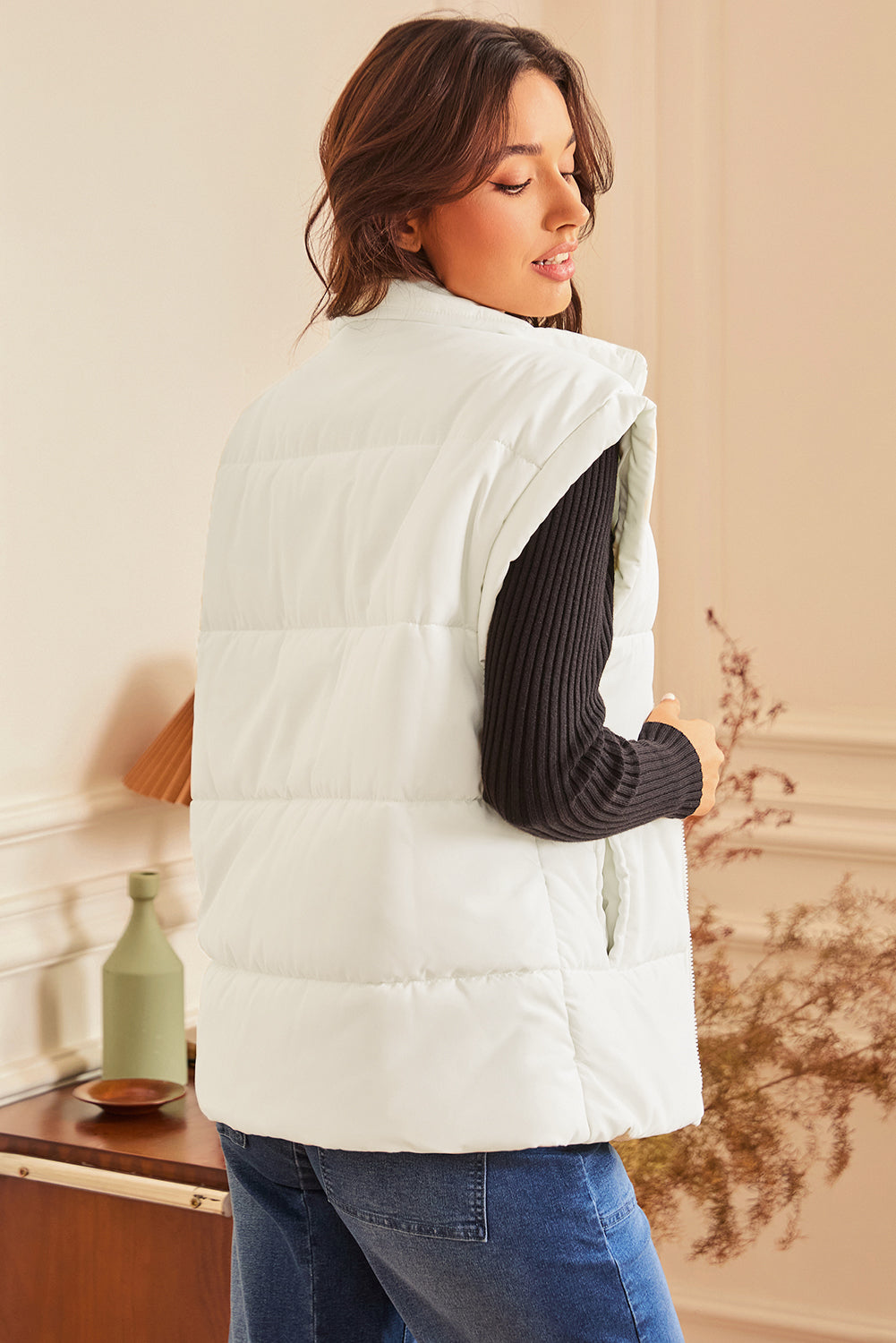 Beige Zipper Stand Neck Oversized Puffer Vest - eAura