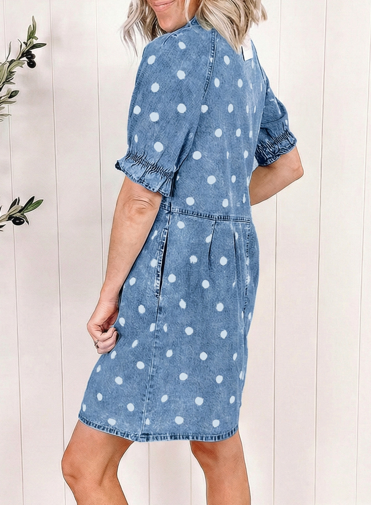 Polka Dot Print Ruffled Short Puff Sleeve Button Down Loose Denim Dress
