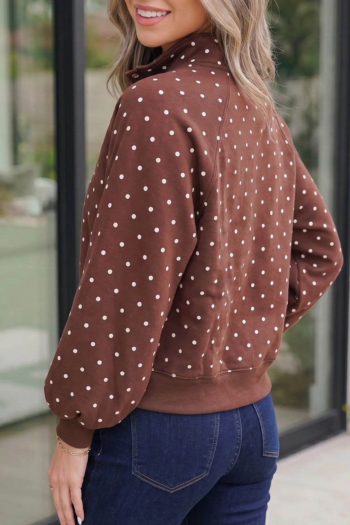 Polka Dot Print Metal Button Collar Casual Pullover Sweatshirt – Pink