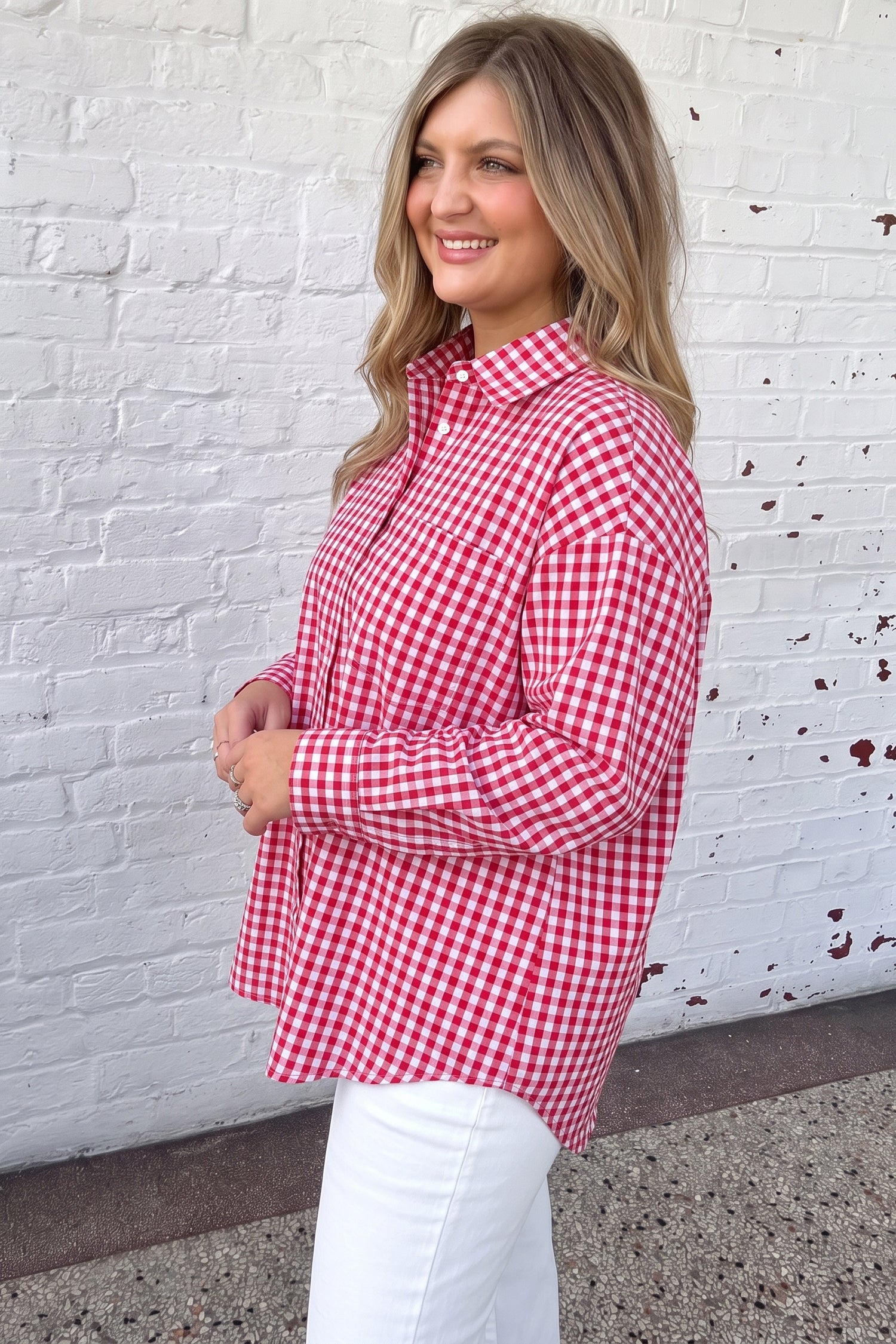 Plaid V Neck Long Sleeve Tunic Loose Fit Plus Size Shirt – Red