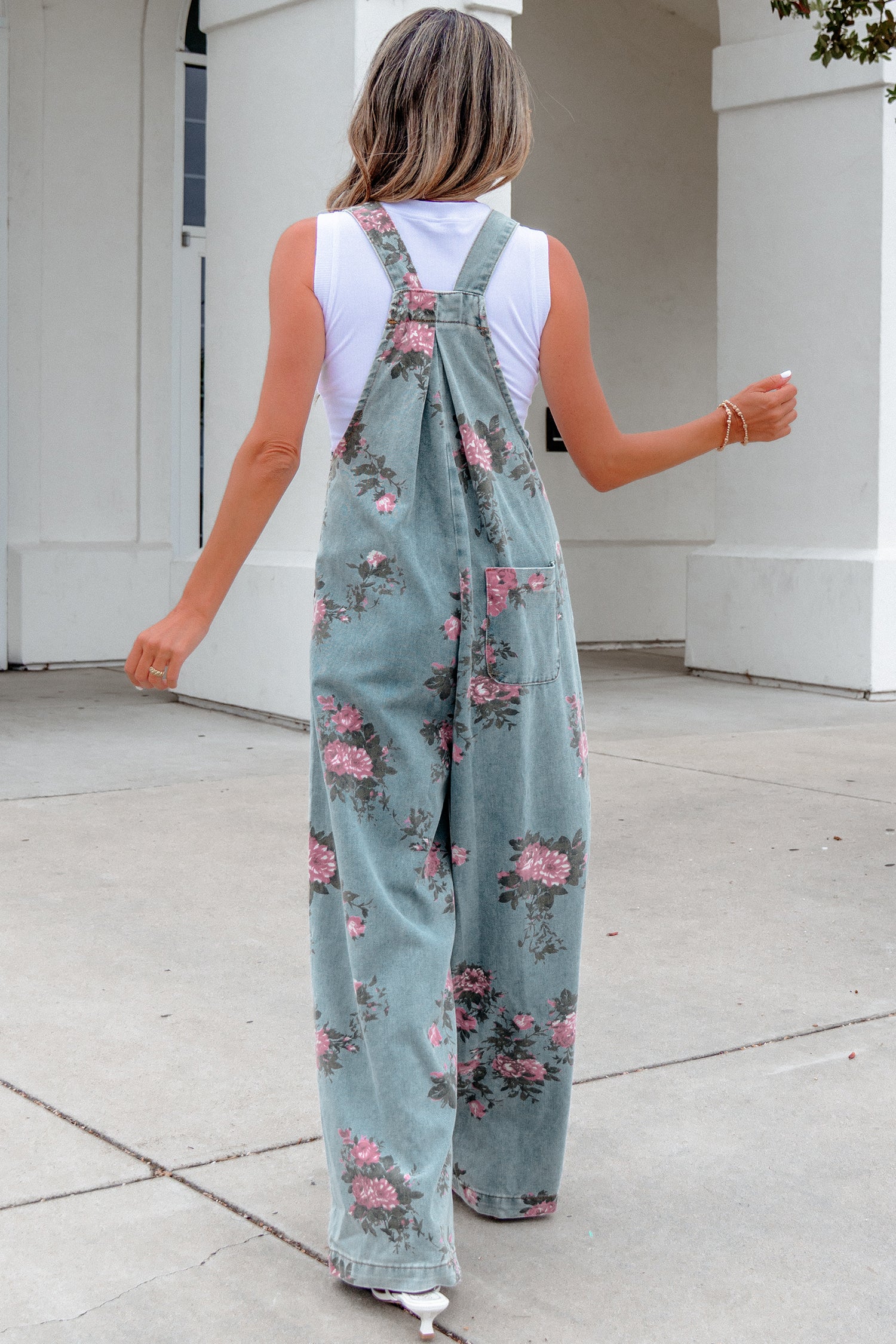 Floral Print Pleated Wide Leg Denim Jumpsuit – High Waist