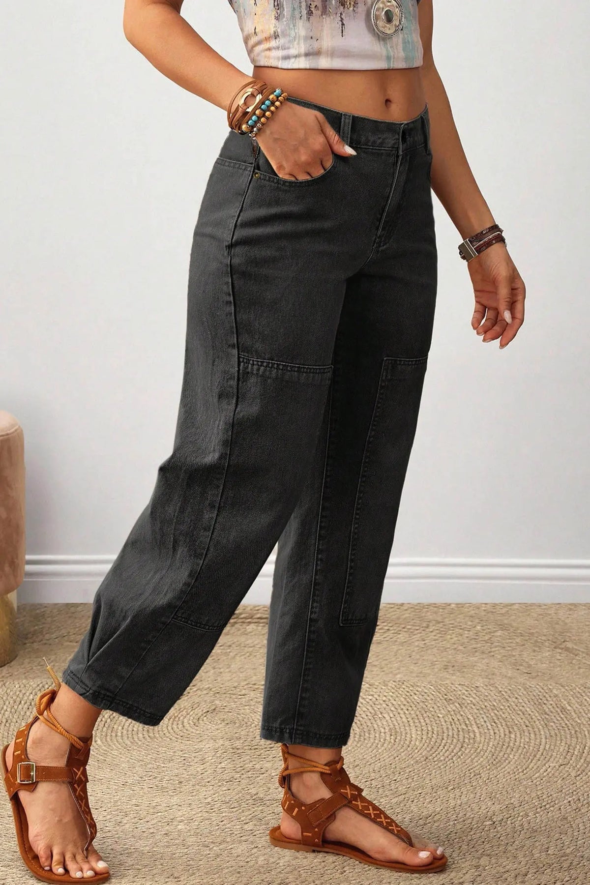 Decorative Seam Patchwork Detail Solid Colour Jeans