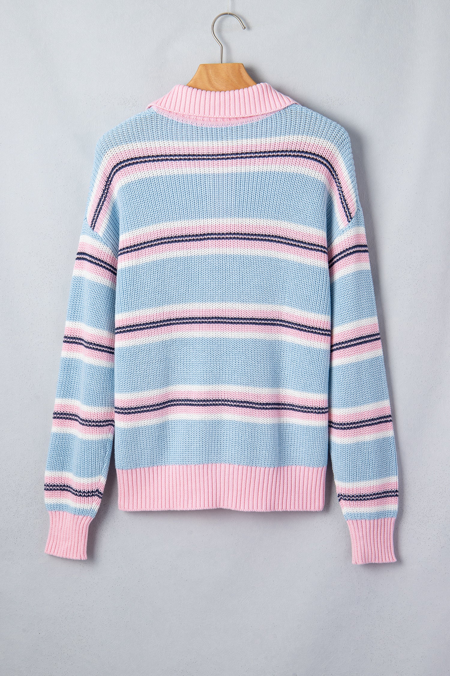 Striped Button Collar Long Sleeve Shift Fit Winter Knitwear Sweater – Sky Blue Stripe
