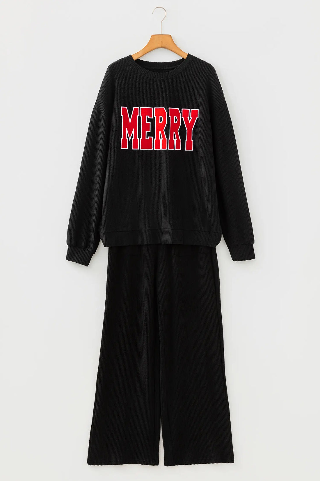 Black MERRY Corded Long Sleeve Top and Pockets Pants Set