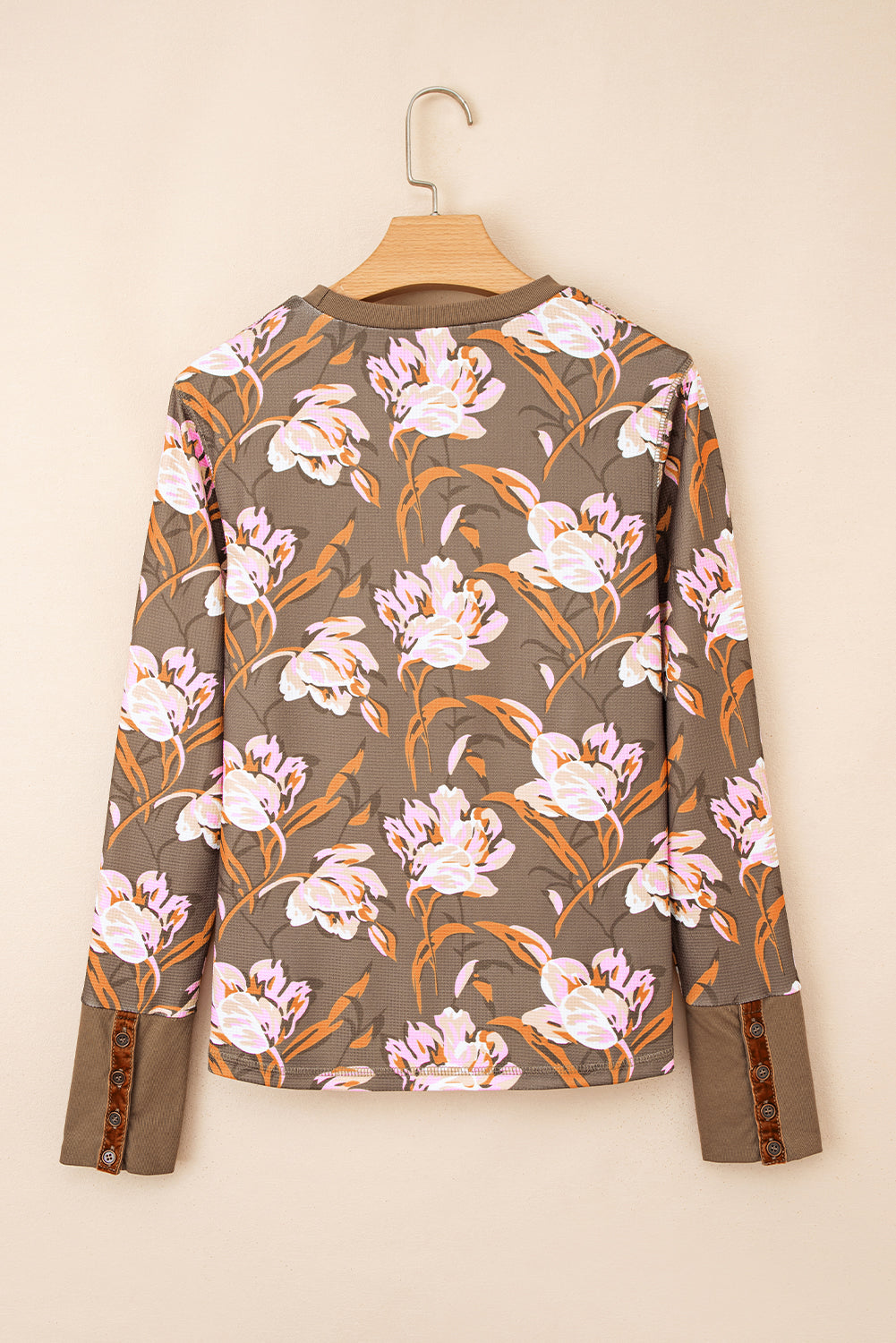 Brown Floral Print Waffle Textured Long Sleeve Top - eAura