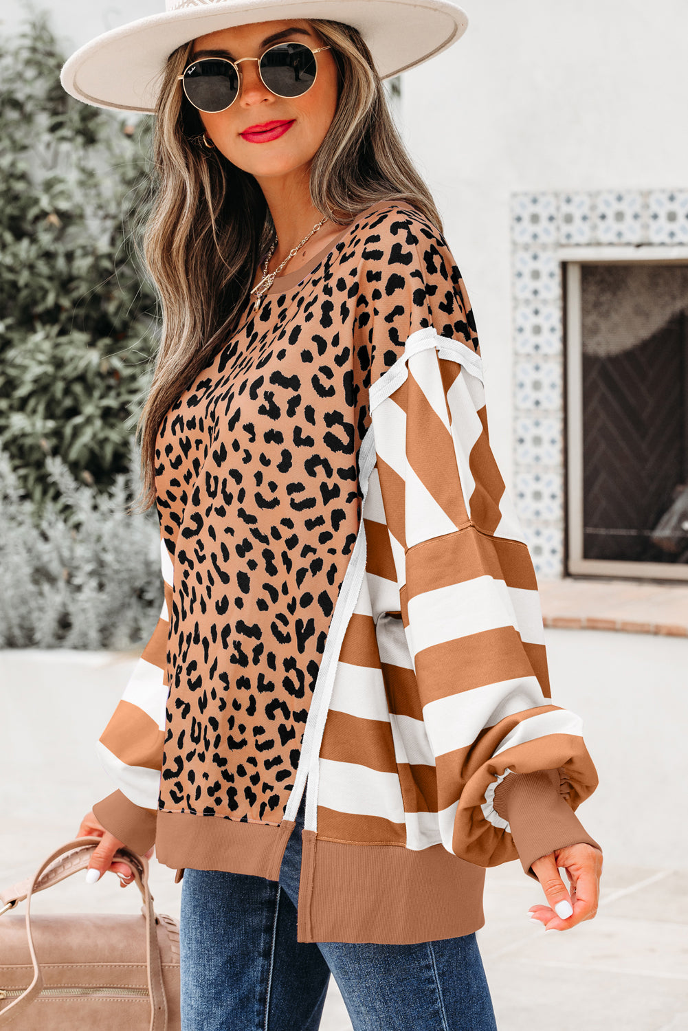 Stripe Colour Block Leopard Casual Sweatshirt with Slits - Tops/Sweatshirts & Hoodies
