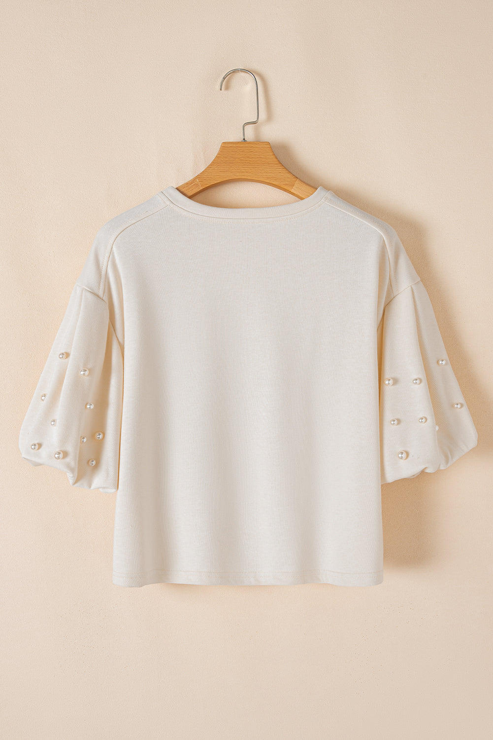 White Pearled Puff Sleeve Round Neck Loose Top eAura