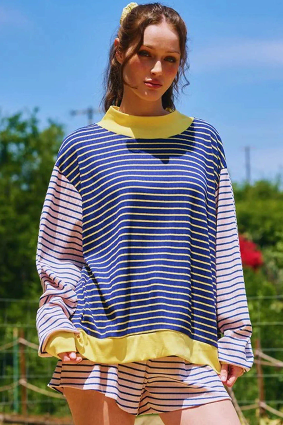 Colour Block Long Sleeve Pullover Ribbed Knit Casual Shorts Set – Blue Stripe