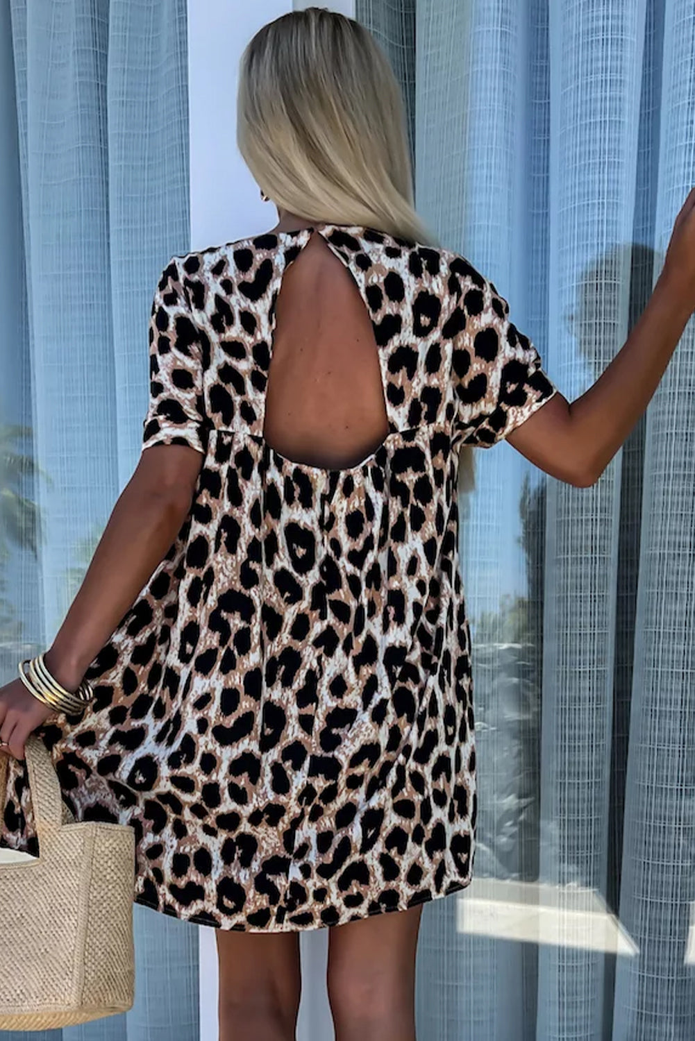 Khaki Cheetah Print Backless V Neck Loose Fit Mini Dress eAura