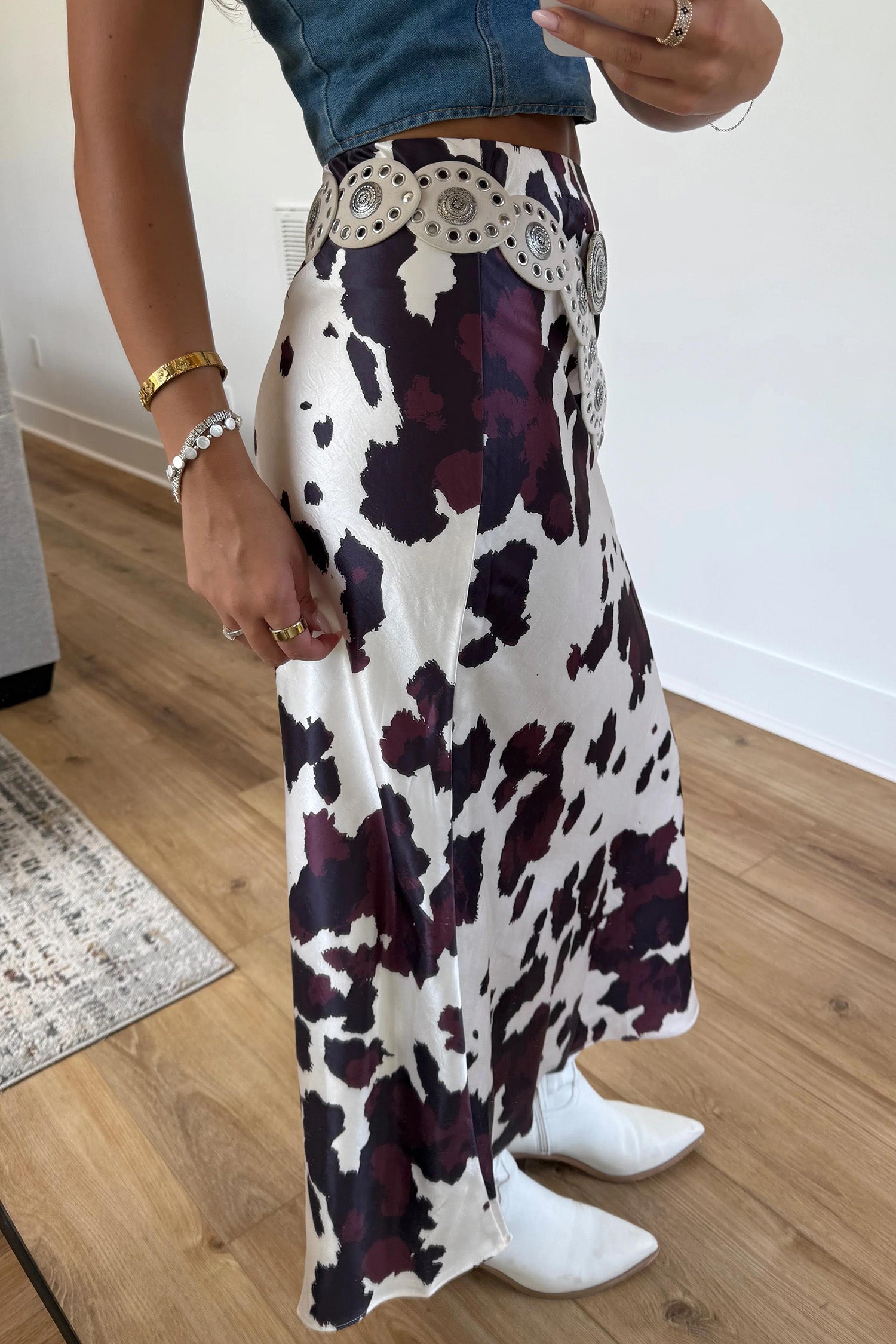 Abstract Print Western Long Metal Zip-Up Waist Daily Wear Skirt – Brown
