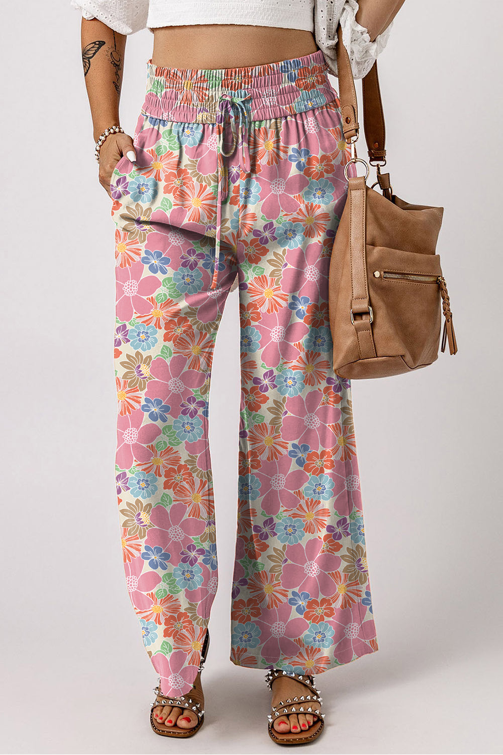 Pink Floral Smocked Waist Loose Trousers Beagle Boutique Fashion Outlet
