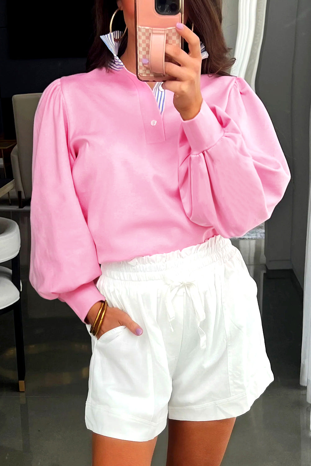 Button Striped Collar Patchwork Puff Sleeve Sweatshirt - eAura