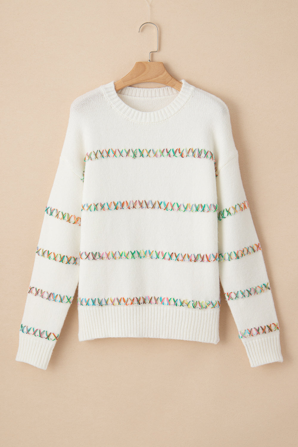 White Colourful Crossed Stitch Drop Shoulder Sweater eAura