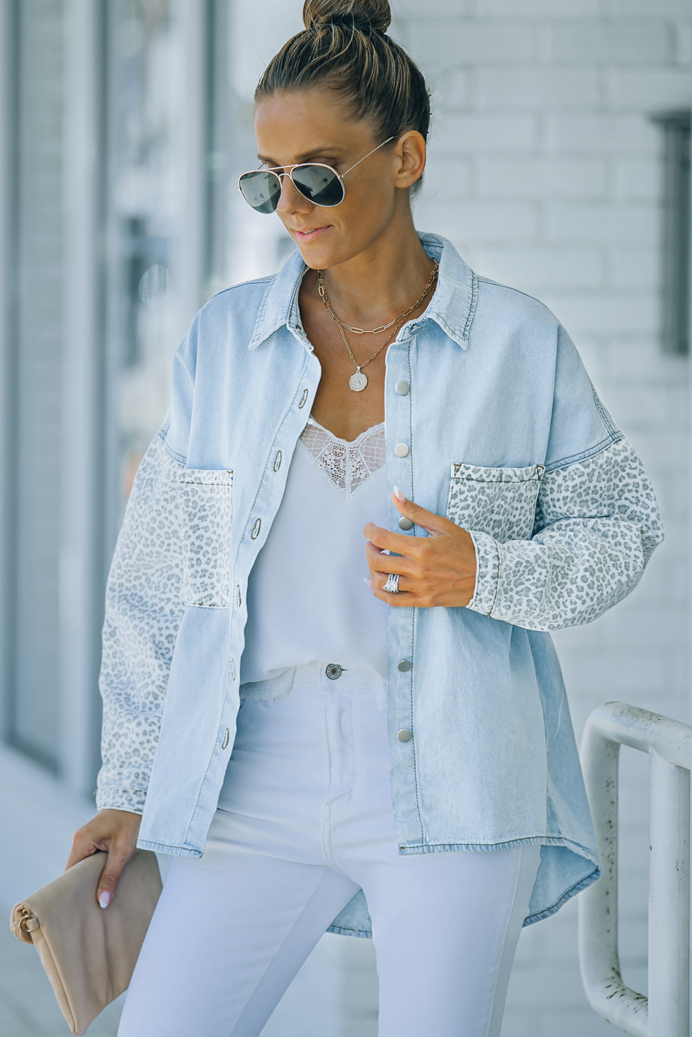 White Contrast Leopard Denim Jacket eAura