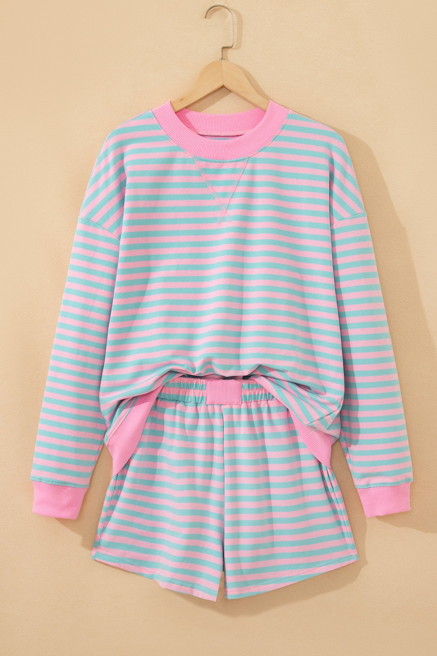 Color Block Detail Long Sleeve Pullover Elastic Waist Pull On Shorts 2pcs Set – Yellow Stripe