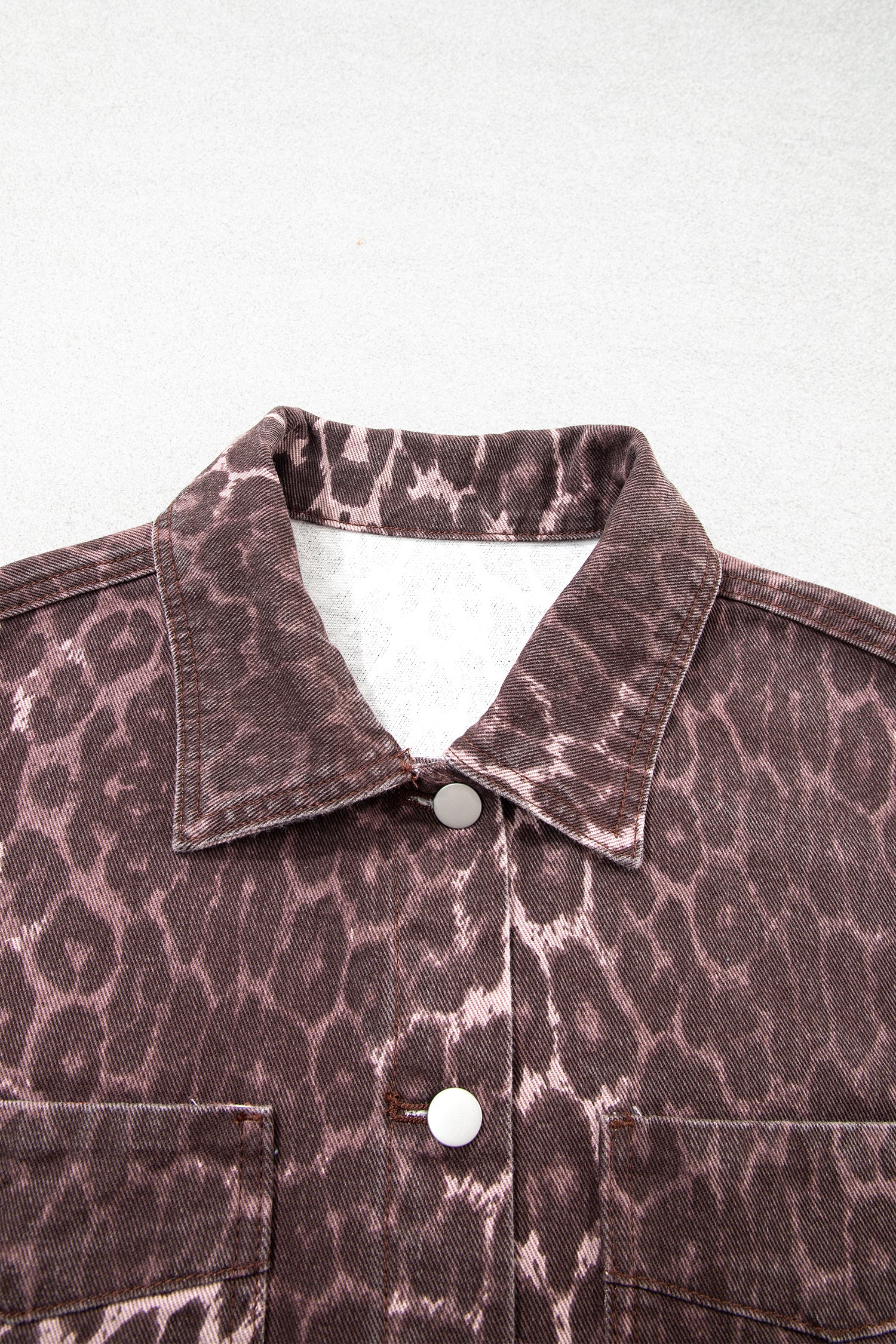 Khaki Oversized Leopard Print Long Sleeve Patch Pocket Denim Jacket