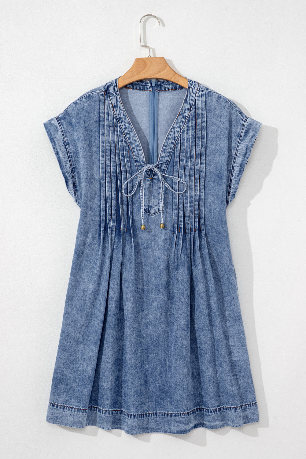 Beau Blue Tie V-Neck Tucking Detail Short Sleeve Denim Shift Dress - eAura